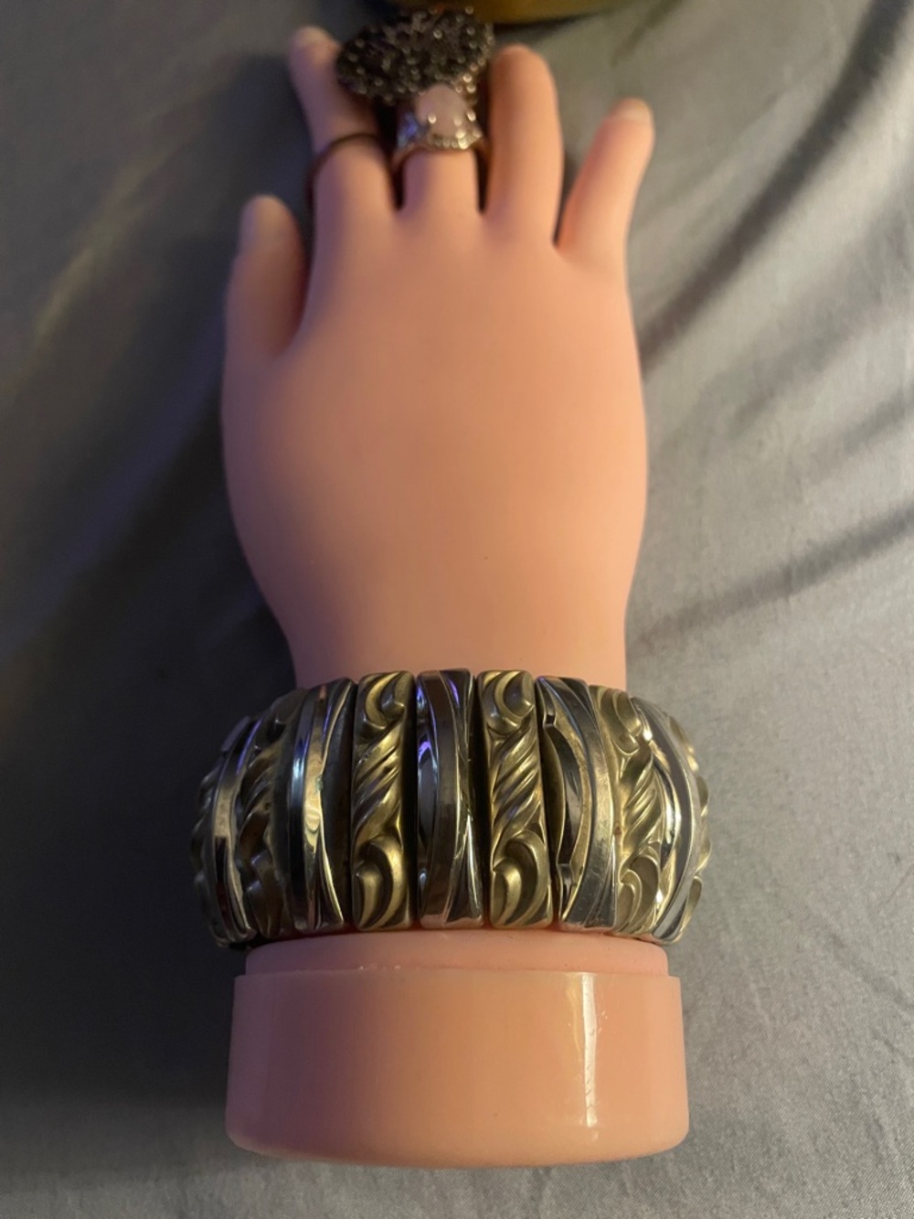 Stamped Silver-Tone Carved Link Bracelet - Metallic